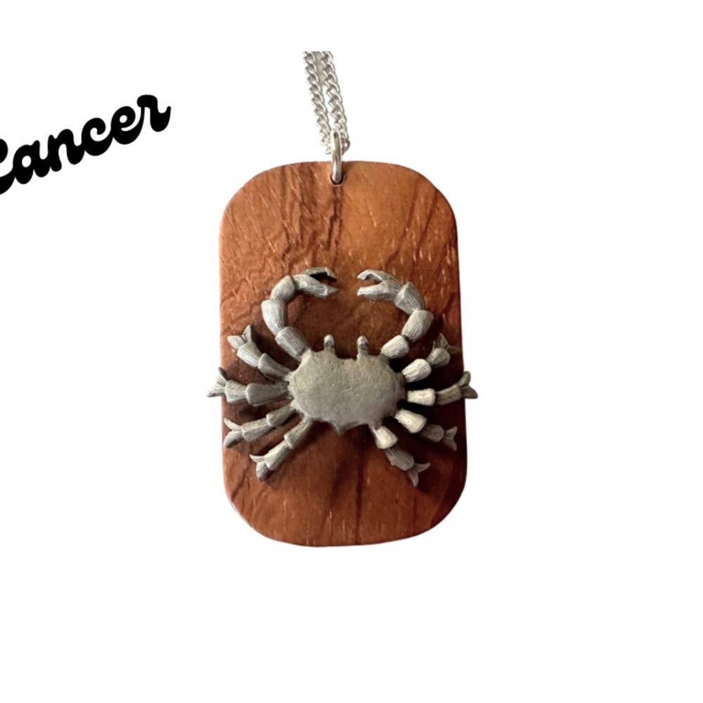 VTG 70s CANCER Crab Astrological Sign Wood & Pewter Dog Tag 18” Chain Necklace